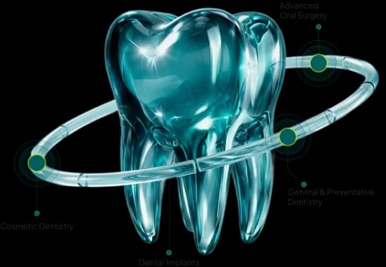 Comprehensive dental services diagram at Mathee Dental Studio, Somerset West — including cosmetic dentistry, oral surgery, general dentistry, and dental implants